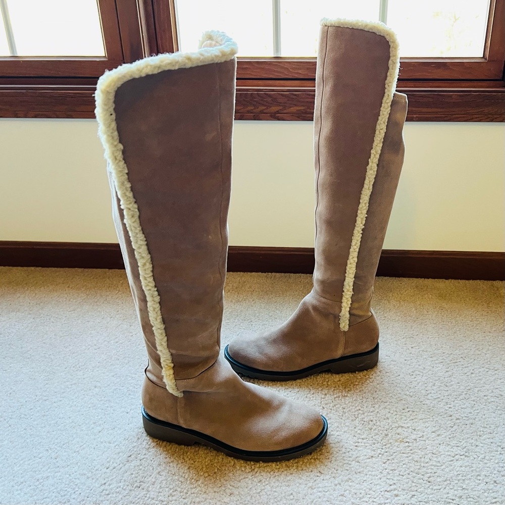 Sole Society “Juno” Over the Knee Boot Suede w Faux Shearling Trim - Taupe - Picture 2 of 10